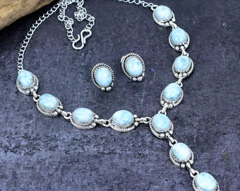 Collar y pendientes vintage de larimar natural: conjunto de joyas de boda hechas a mano