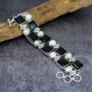 Black Onyx Bracelet, Onyx White Pearl Topaz Gemstone Silver Plated Bracelet, Handmade Bracelet, Statement Jewelry, Boho Wedding Jewelry Gift