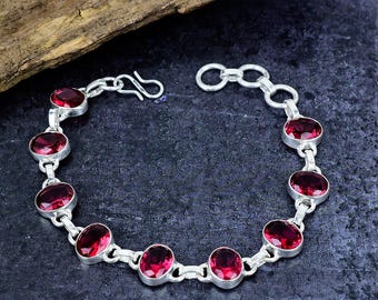 Pink Tourmaline Bracelet: Silver Plated Boho Jewelry, Engagement Gift
