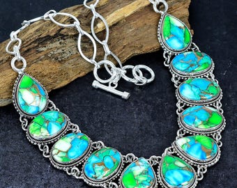 Peacock Dahlia Turquoise Necklace Ice Green Gemstone Vintage Silver Jewelry Blue Green Turquoise Gemstone Gift for Her