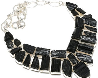 Collar de turmalina negra cruda: collar llamativo bañado en plata 925