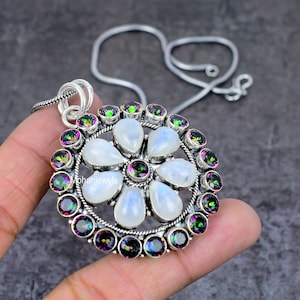 Moonstone & Mystic Topaz Pendant Handmade Gemstone Silver Plated Pendant Birthstone Jewelry Healing Crystal Flower Pendant For Birthday Gift