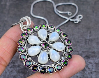 Moonstone & Mystic Topaz Pendant Handmade Gemstone Silver Plated Pendant Birthstone Jewelry Healing Crystal Flower Pendant For Birthday Gift