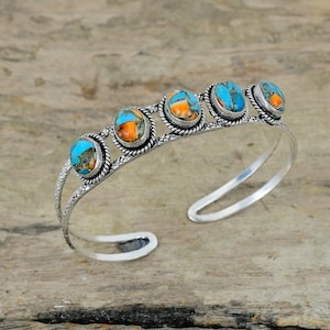 Spiny Oyster Turquoise Bracelet - Oyster Copper Turquoise Silver Plated Cuff Bracelet - Handmade Cuff - Vintage Bracelet - Engagement Gift