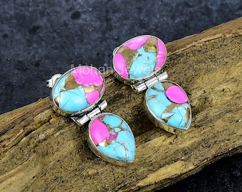Cotton Candy Turquoise Earrings: Natural Dahlia Gemstone, Silver Studs