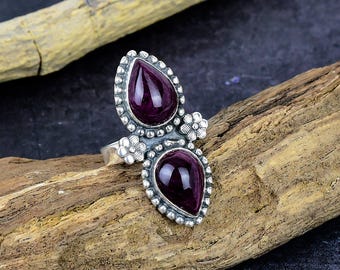 Purple Oyster Turquoise Ring: Two Gemstone Ring, Oxidized Silver Plated Boho Jewelry