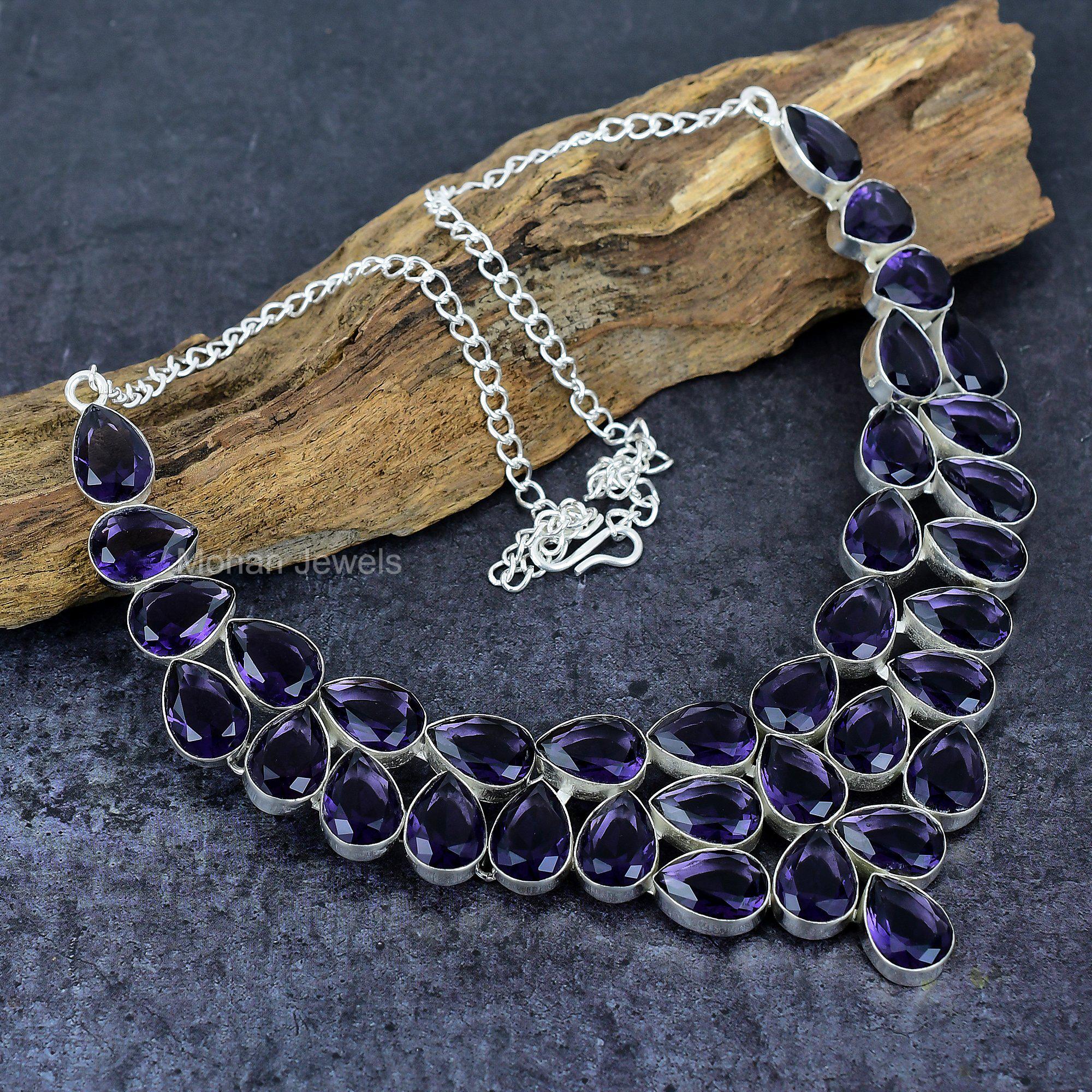 Pear Cut Amethyst Necklace: Bohemian Silver Plated Adjustable Chain