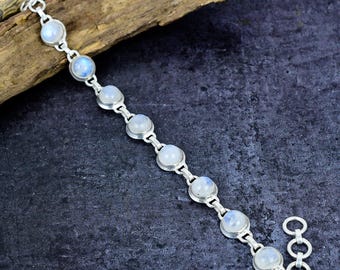 Rainbow Moonstone Bracelet: Silver Plated Minimalist Jewelry, Blue Flashy Round Gemstone