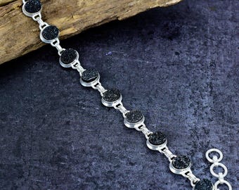 Black Druzy Bracelet: Silver Plated Statement Jewelry Gift for Her