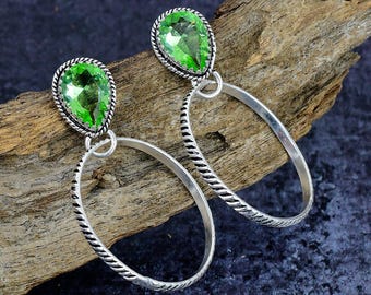 Peridot Drop Hoop Earrings, Silver Plated Twisted Wire Boho Jewelry