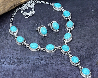 Tibetanischer Türkis Halskette & Ohrstecker Set: Versilberter Boho Schmuck