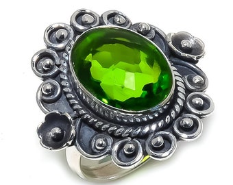 Diopside Ring, Chrome Diopside Gemstone Silver Plated Ring, Stackable Ring, Big Oval Ring, Green Crystal Ring, Unique Designer Women's Ring
