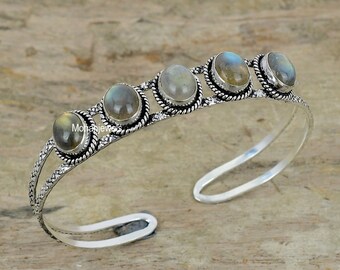 Labradorite Bangle: Natural Gemstone Silver Plated Cuff Bracelet