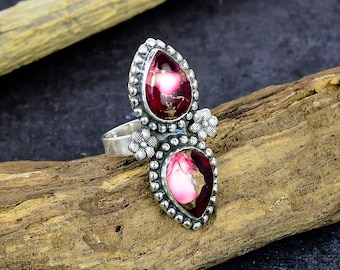 Red Rose Turquoise Ring: Silver Plated Floral Artisan Jewelry Gift for Her