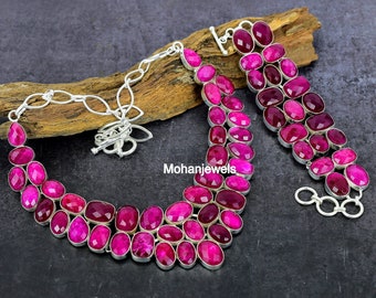 Set di gioielli con rubini sfaccettati: collana e bracciale placcati in argento, gioiello regalo per nozze.