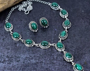 Malachit Halskette Ohrringe Set: Versilbert Boho Schmuck, Jubiläumsgeschenk