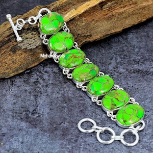 Green Copper Turquoise Gemstone Bracelet, Handmade Silver Plated Adjustable Jewelry, Bohemian Bracelet, Gift for Mom