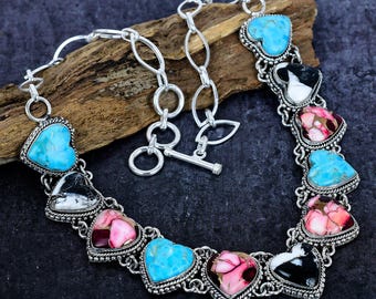 Buffalo Turquoise Necklace Red Rose & Turquoise Heart Gemstone Vintage Silver Necklace Multi Turquoise Jewelry Gift for Her