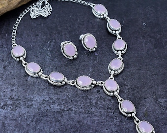 Rose Quartz Silver Plated Necklace and Earring Jewelry Set