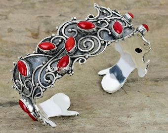 KK-196 | スターリングシルバー レッドコーラル ブレスレット カフ