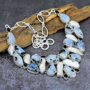 Rainbow Moonstone Biwa Pearl Silver Plated Statement Necklace