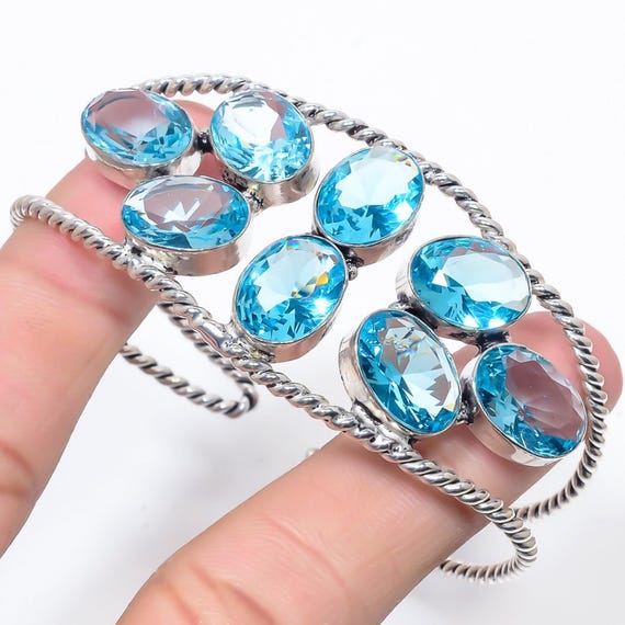 Blue Topaz Silver Plated Cuff Bracelet: Twisted Wire Bangle