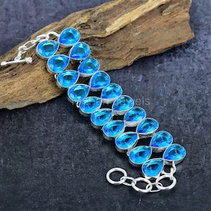 Swiss Blue Topaz Bracelet, Blue Topaz Quartz Silver Plated Handmade Statement Jewelry, 10x14MM Gemstone Cluster Bracelet, Anniversary Gift