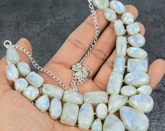 Rainbow Moonstone Necklace: Silver Bohemian Cabochon Jewelry