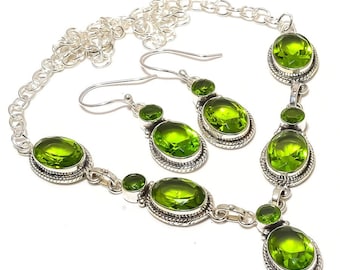 Handmade Peridot Necklace & Earrings Set: Silver Plated Green Stone Jewelry