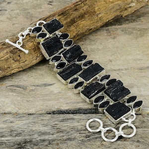Black Tourmaline Rough Gemstone Silver Plated Bracelet, Black Onyx Bracelet,  Women Elegant Jewelry, Gift for Wife