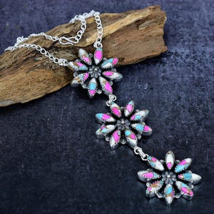 Cotton Candy Dahlia Turquoise Silver Necklace Handmade Blue Pink Turquoise Stone flower Necklace Jewelry Wedding Gift for her
