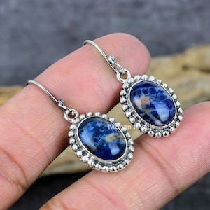 Natural Blue Sodalite Oval Gemstone Silver Plated Dangle Earrings Jewelry, Vintage Earring, Sodalite Earring Jewelry gift for Girlfriend