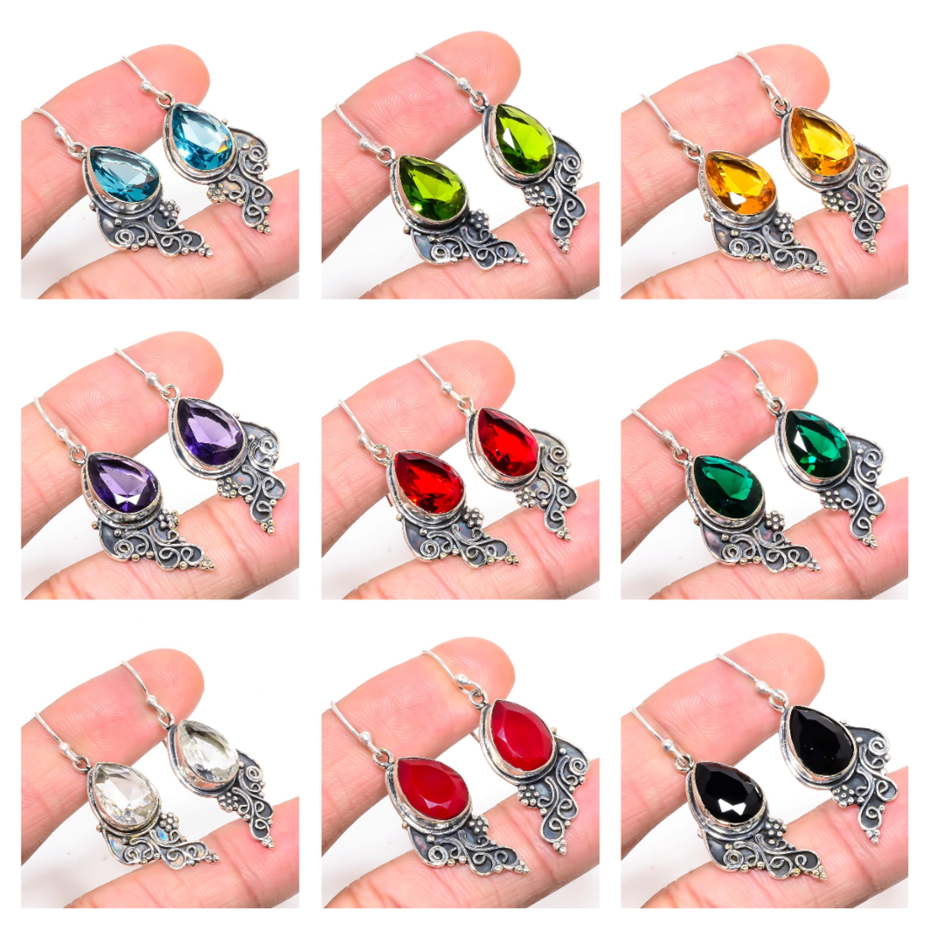 Boucles D'oreilles En Argent Avec Pierres (Iolite, Grenat, Citrine, Topaze Rose, Zircons)