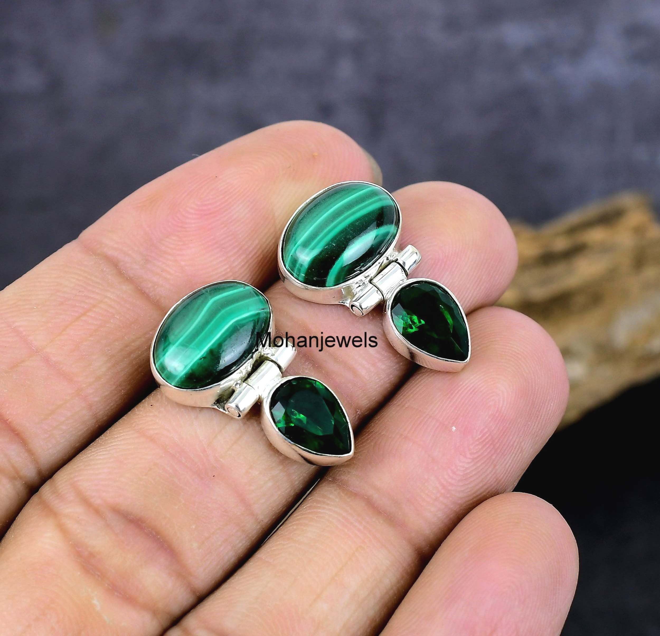 Buy Malachite & Diopside Silver Plated Stud Earrings Online  display picture 1