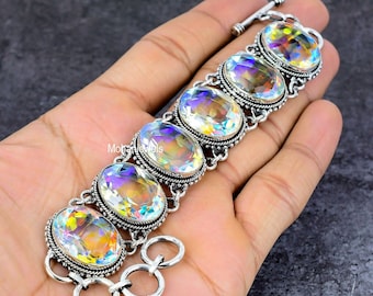 Rainbow Aura Quartz Bracelet: Silver Plated Gemstone Jewelry