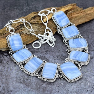 Natural Blue Lace Agate Necklace, Blue Lace Agate Silver Plated Necklace, Protection Jewelry, Handmade Vintage Necklace, Bridal Wedding Gift