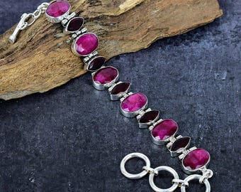 Faceted Ruby & Garnet Bracelet: Silver Plated Artisan Jewelry Gift for Her