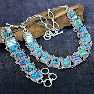 Abalone Shell Necklace & Bracelet Vintage Silver Jewelry Set, Rainbow Sea Shell Stone Designer Combo Jewelry Set, Birthday Gift for Her/Love