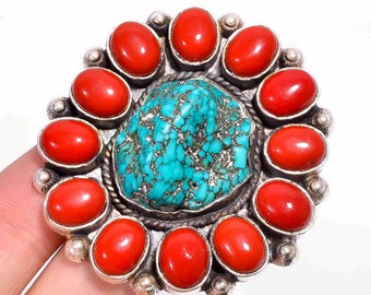 Raw Turquoise & Red Coral Ring: Silver Plated Bohemian Jewelry