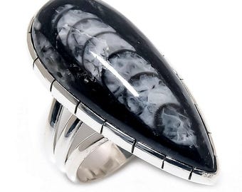 Handmade Orthoceras Fossil Ring: Silver Plated Bohemian Jewelry