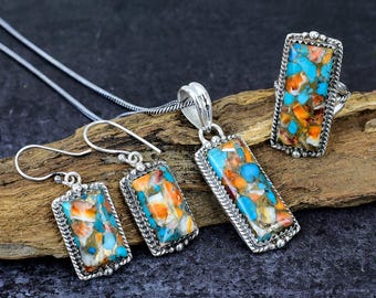 Spiny Oyster Turquoise Rectangle Bar Silver Jewelry Set, Multicolor Gemstone Pendant Ring & Earrings