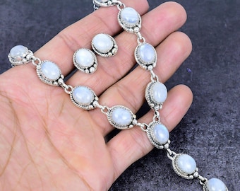 Conjunto de collar y pendientes de piedra lunar arcoíris bañados en plata, regalo navideño para ella
