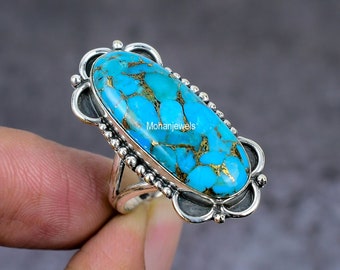銅製ターコイズリング：ハンドメイドシルバー、ボヘミアンスタイル