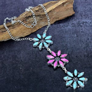 Navajo Cotton Candy Turquoise Gemstone Silver Cluster Necklace Blue Pink Multi Color Dahlia Turquoise Southwestern Floral Necklace for Gift