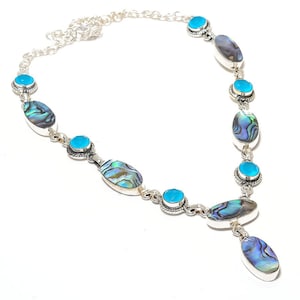 Abalone Shell Gemstone Necklace, Cats Eye or Peridot Silver Plated Adjustable Chain Necklace Jewelry, Lariat Necklace for women