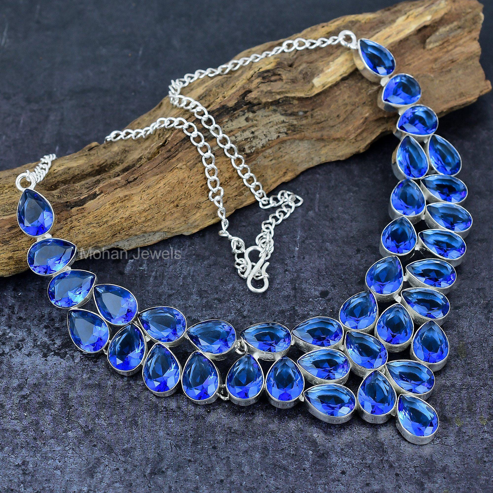 Tanzanite Necklace, Blue Tanzanite Quartz Gemstone Silver Plated Statement Necklace, Tanzanite Silver Jewelry, Gift for Her