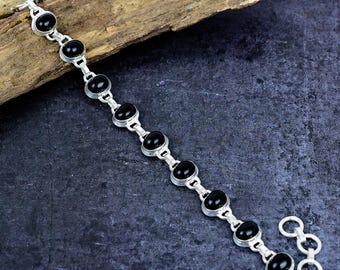 Black Onyx Bracelet: Silver Plated Link Bracelet, Minimalist Gothic Jewelry, Gift For Her