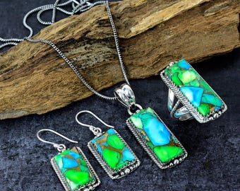 Peacock Green Turquoise Jewelry Set: Silver Plated Rectangle Bar Pendant, Ring & Earrings