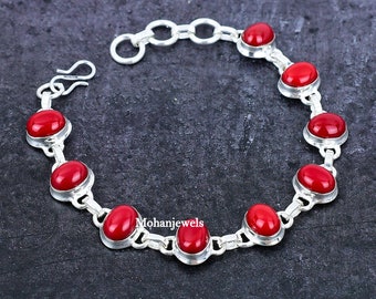 Natural Red Coral Silver Bracelet: Healing Red Stone Jewelry