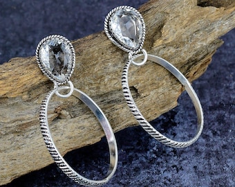 White Topaz Drop Hoop Earrings, Silver Plated Twisted Wire Boho Jewelry Gift for Her
